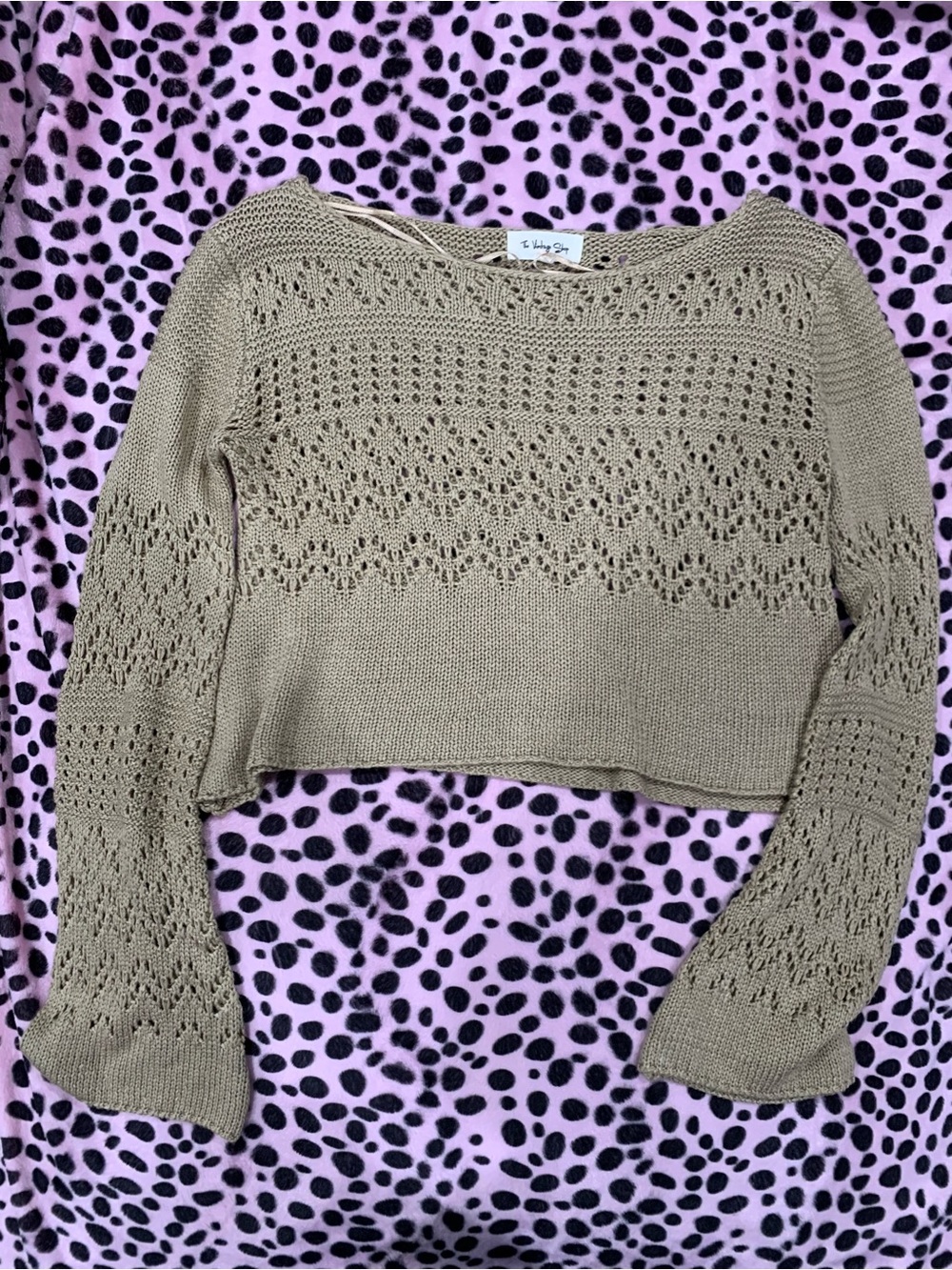 The Vintage Shop Taupe Open-Knit Cropped Sweater Blouse